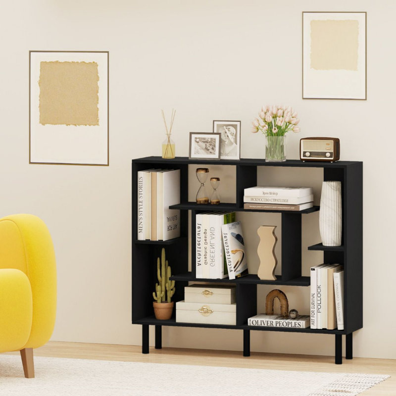 Open Bookshelf Modern Geometric Bookcase, Black