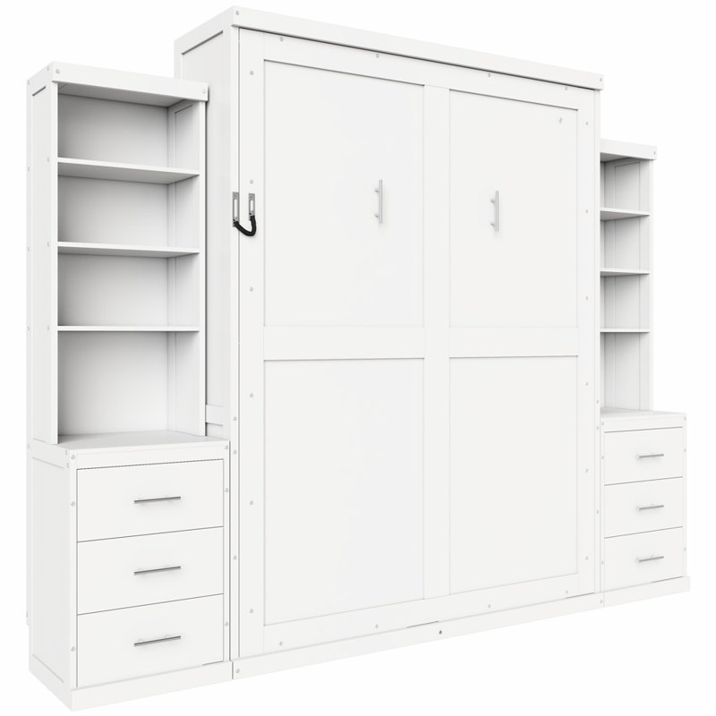 Lit escamotable avec tablettes de rangement et tiroirs Murphy, Double, Blanc