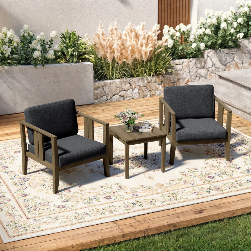 Polett Teak Outdoor Two-Person Patio Set With Cushions And Side Table, Brown, Dark Gray