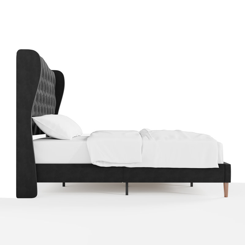 Luxury Velvet Upholstered Platform Bed Frame with 56" Wingback Tufted Headboard and Nailhead Trim, No Box Spring Required