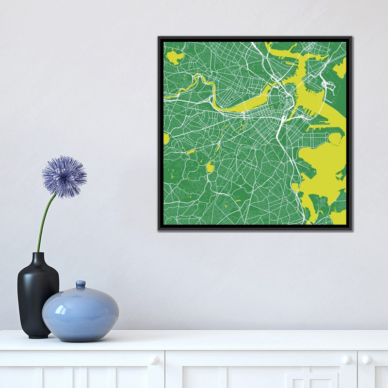 «Boston Urban Roadway Map», impression sur toile tendue en vert, Toile avec cadre noir, H 18 po x l 18 po x P 1,5 po