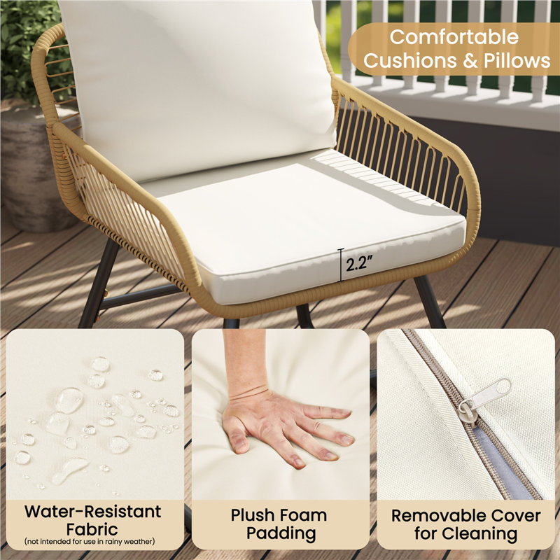 3-Piece Patio Bistro Set with Boho Coffee Table & 2 Chairs with Cushions & Pillows, Cream