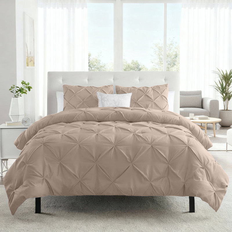 Aspire Homeware High Quality Microfiber Pintuck Design Duvet Cover With Pillowcases, Beige