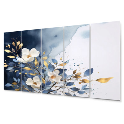White Blue Lilac Blooms 5 metal Wall Decor Set 
