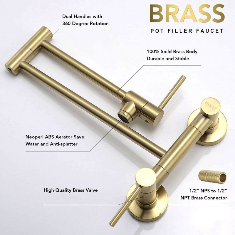 Wall-Mount Pot Filler Kitchen Faucet, Brushed Gold