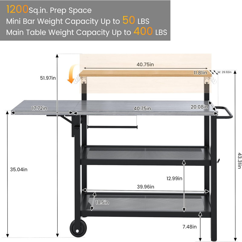Outdoor Grill Table, Folding Moveable Outdoor Prep Table & Portable Grill Gart For Storage