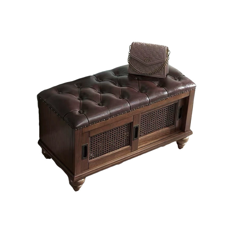 Traditional Solid Wood Shoe Storage Bench with Tufted Seat and Rattan Inserts, Dark Brown