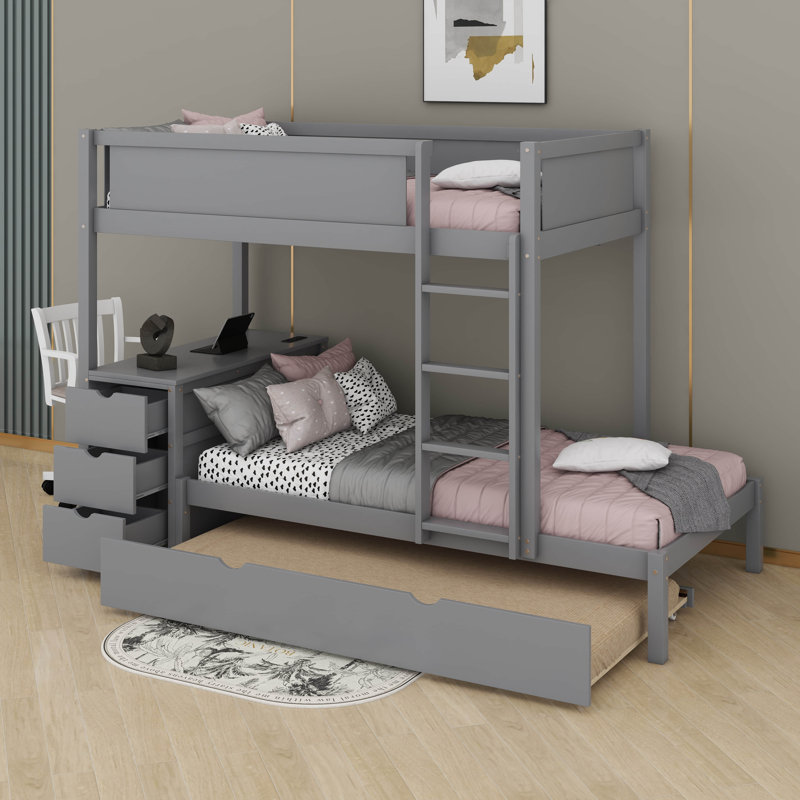 Twin Over Twin Bunk Bed With Trundle And Desk, Gray