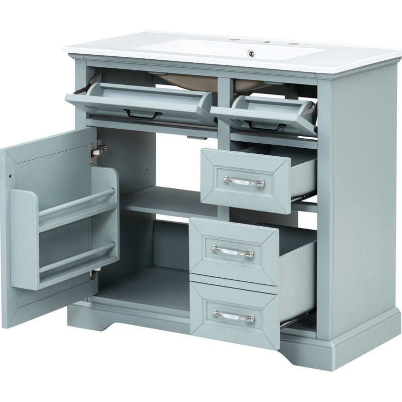 Meuble-lavabo moderne de 36 pouces avec lavabo sous-comptoir en céramique, quincaillerie en métal rouille à fermeture en douceur, 2 tiroirs basculants, tablette de rangement coulissante pour serviettes et articles de toilette 36
