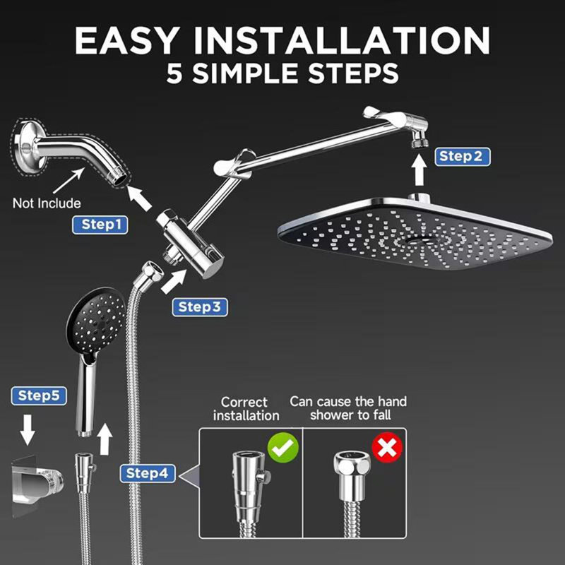 Chrome High Pressure Shower Head with Handheld Spray Rain Head Combo with Arm