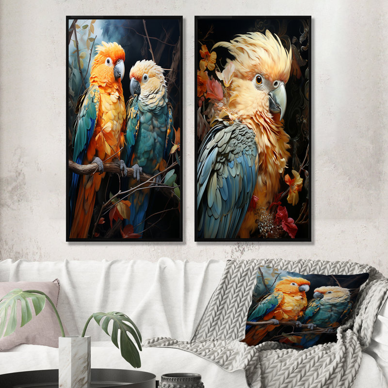 Ensemble de 2 reproductions d'art sur toile, perroquet jaune et bleu sarcelle, Cadre noir, H 40 po x l 41 po