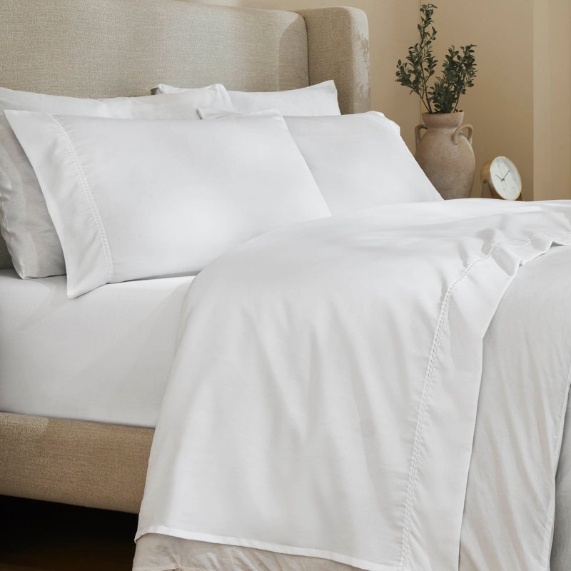 Ensemble de draps en coton mélangé à ourlet brodé 600 fils imperia, Blanc, Ensemble de draps pour lit simple TG avec 1 taie d