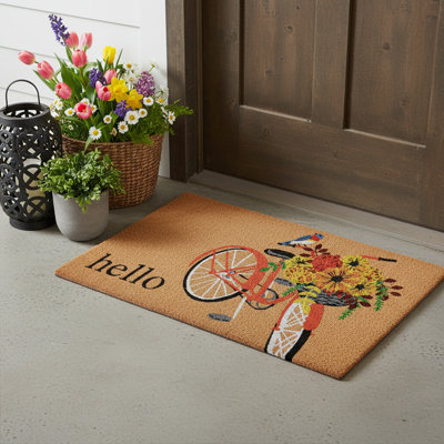 17" X 29" Brown And Orange Bicycle Floral Hello Outdoor Coir Door Mat