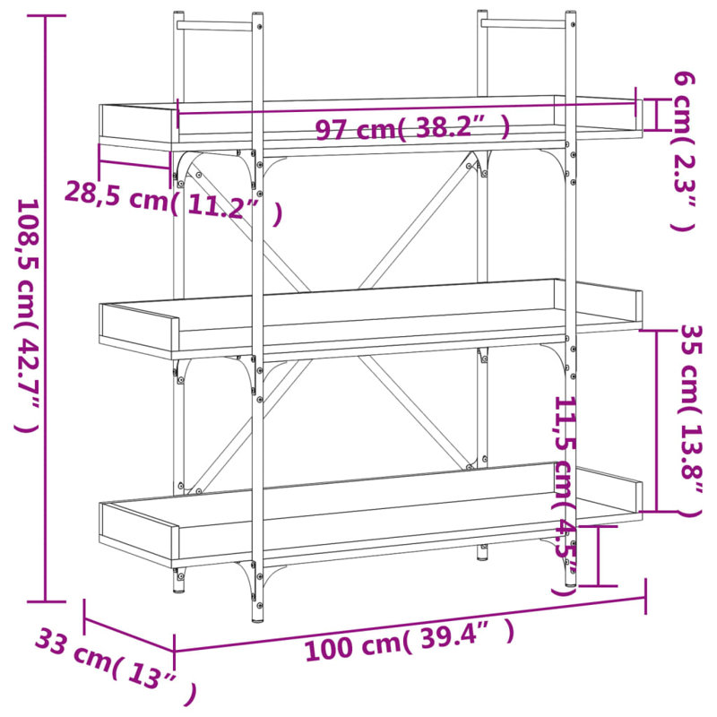 Sandre 100cm W Metal Bookcase, (3 Shelves) 108.5cm H x 100cm W x 33cm D, Grey Sonoma