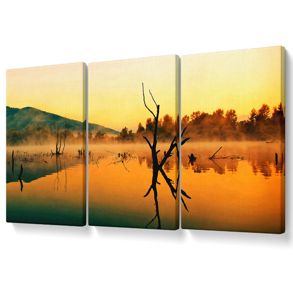 Union Rustic Morning Mist Over The Lake - 3 Piece Wrapped Canvas ...