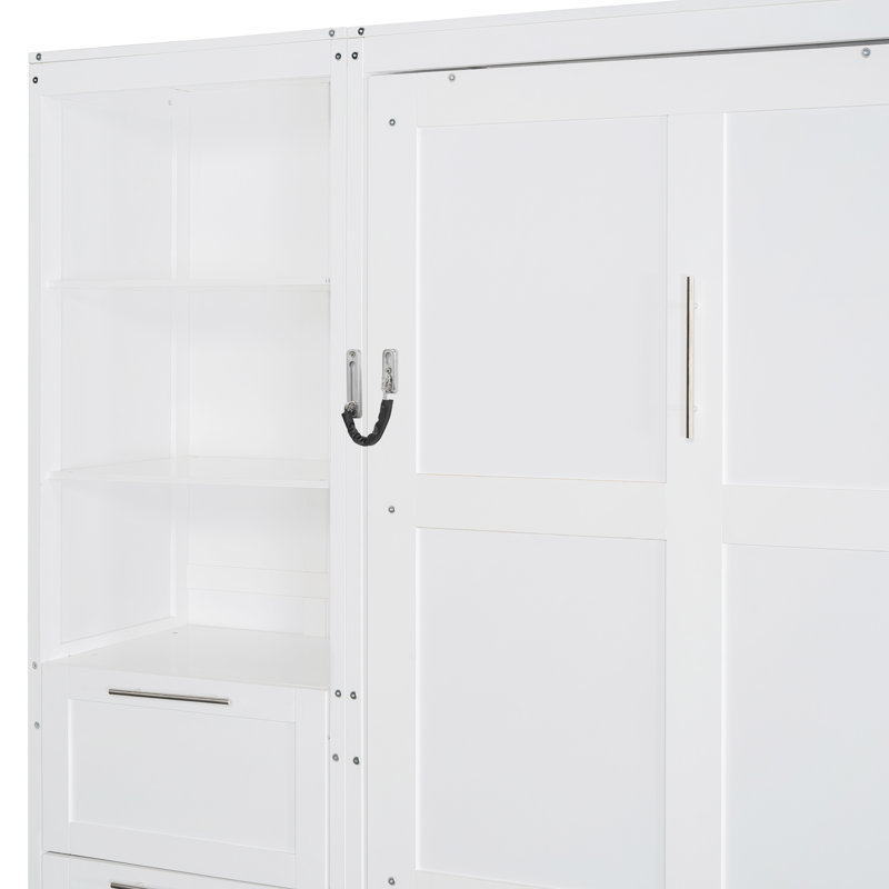 Grand lit escamotable mural avec placard, tiroirs et tablettes, rangement sur mesure, Blanc