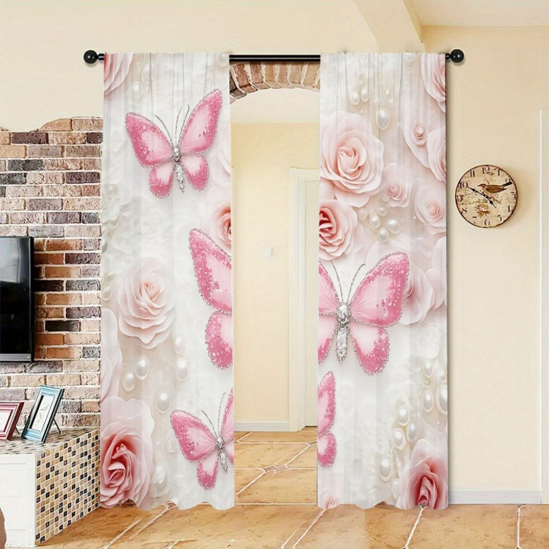 2Pcs Pink Butterfly Curtains, Elegant Rose & Pearl Pattern, Rod Pocket Window Drapes, Romantic Fairy Tale Style, Living Room Bedroom Study Window Decor