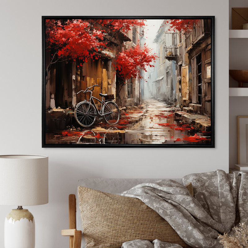 Crimson Ride Red Flowers I - Art mural de bicyclette pour le salon, H 12 po x l 20 po x P 1 po, Cadre flottant noir