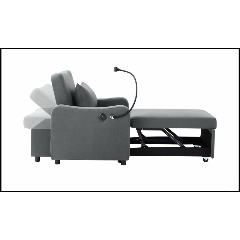 Fauteuil convertible trois en un avec dossier réglable, support de téléphone et port USB de chargement, idéal pour les petits espaces.