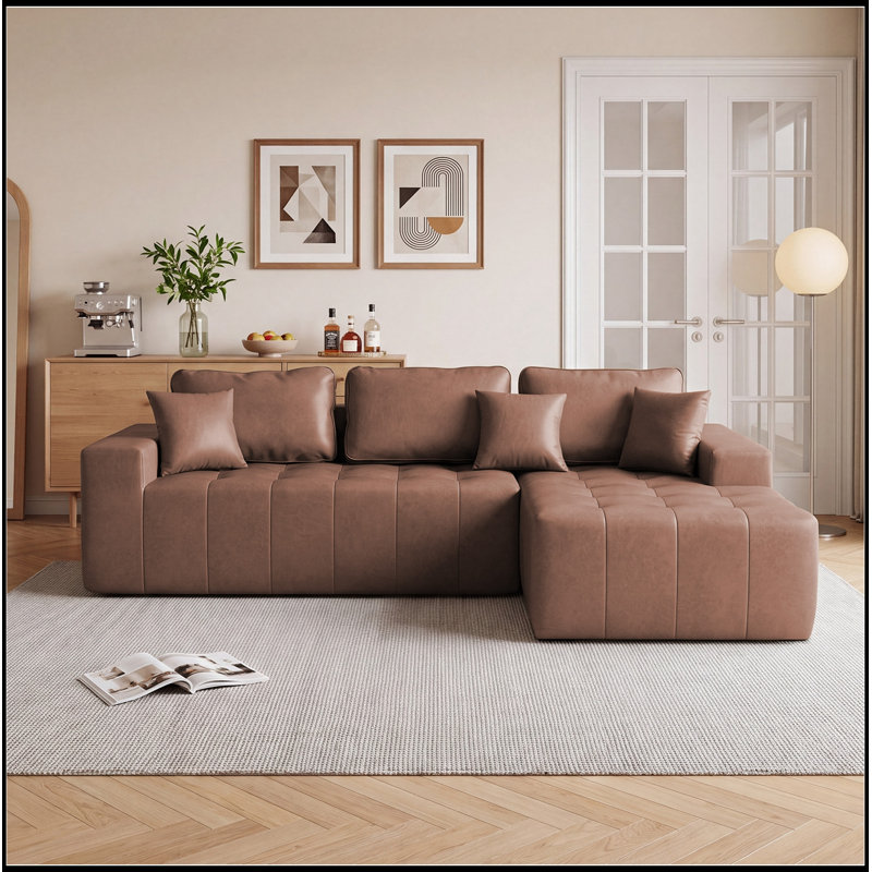 Canapé modulaire en similicuir avec méridienne et dossier moelleux, Marron foncé