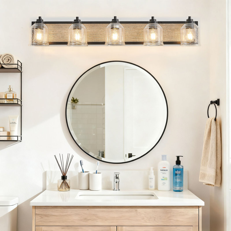 Franchelle Farmhouse Vanity Lighting, Black Wall Sconce With Clear-Seeded Glass Shades, Moisture-Resistant Iron Back Panel