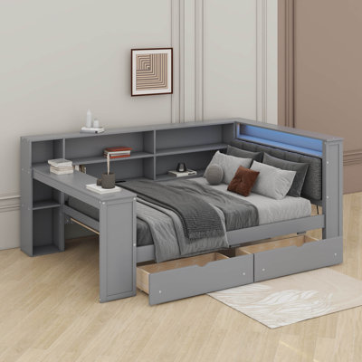 Daybed With Storage Shelves, Drawers, Desk And Upholstered Headboard, Wooden Platform Bed With Charging Station, LED