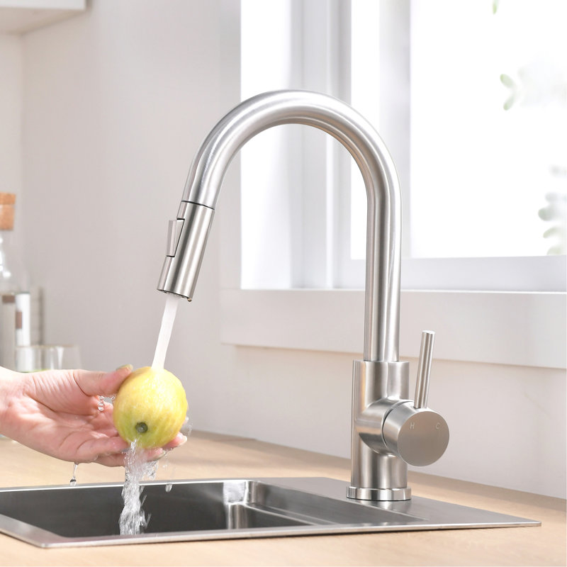 Brushed Nickel Sink Faucet With Pull Out Spray, Modern Bathroom And Kitchen Faucet, Ceramic Filler 360 Swivel Down Spray Classic Design