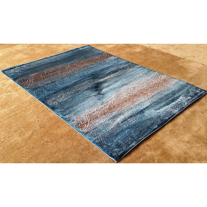 Tapis bleu tissé à la machine Hatsu, Tapis de couloir 2 pi 7 po x 9 pi 10 po