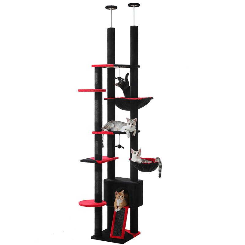 Arbre à chat haut, tour du sol au plafond réglable [90,5 po - 100,4 po = 230-252 cm] avec condo pour chat, hamac pour chat et poteau à griffes, arbre d'escalade pour grands chats d'intérieur