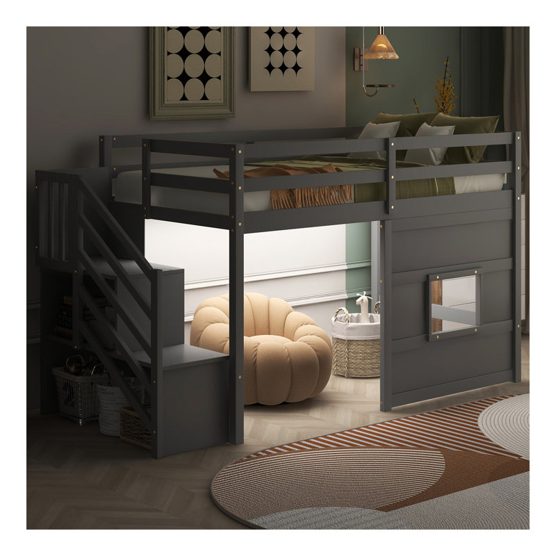 Twin Size Loft Bed With Storage Staircase And Window, With LED Light, Grey