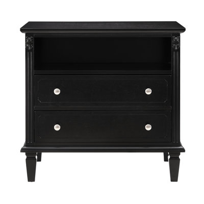 Mid-Century Modern Nightstand With Drawer Storage - 2 Drawers & Open Space, Ports Outlets, Solid Wood Legs For Bedroom Charging Station Use Area Dresser, Design, Leg Base