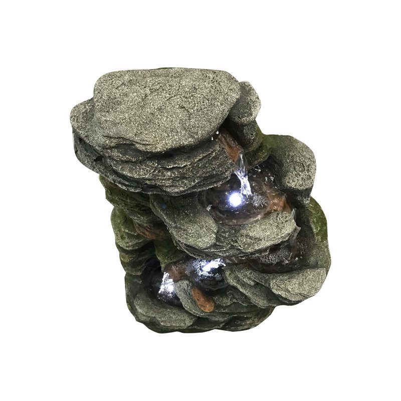 Multilevel Stone Outdoor Fountain with Cool White LED Lights