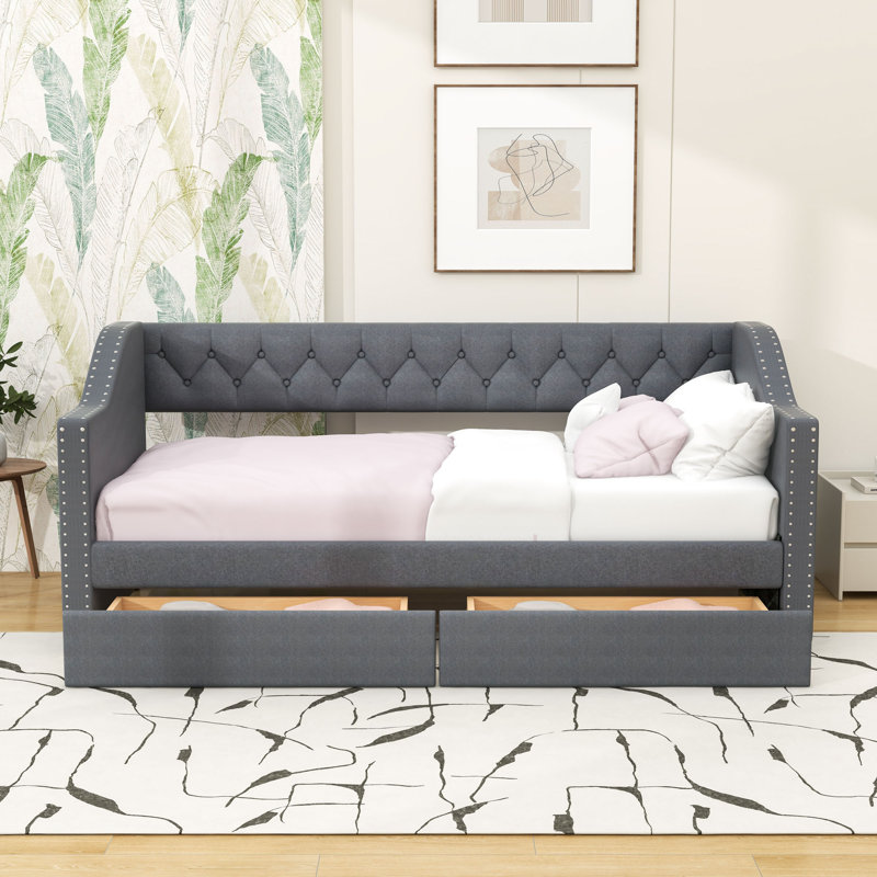 Twin Size Linen Upholstered Daybed with Drawers