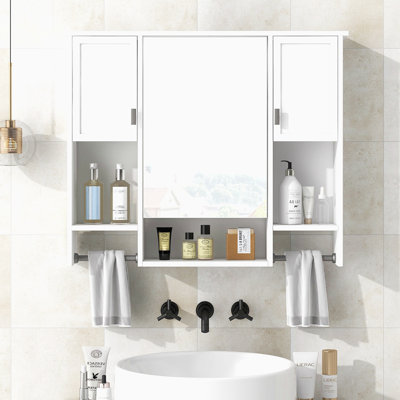 Armoire de rangement murale moderne 35 po x 28 po, armoire de salle de bain murale avec miroir, armoire à pharmacie avec barre à serviettes