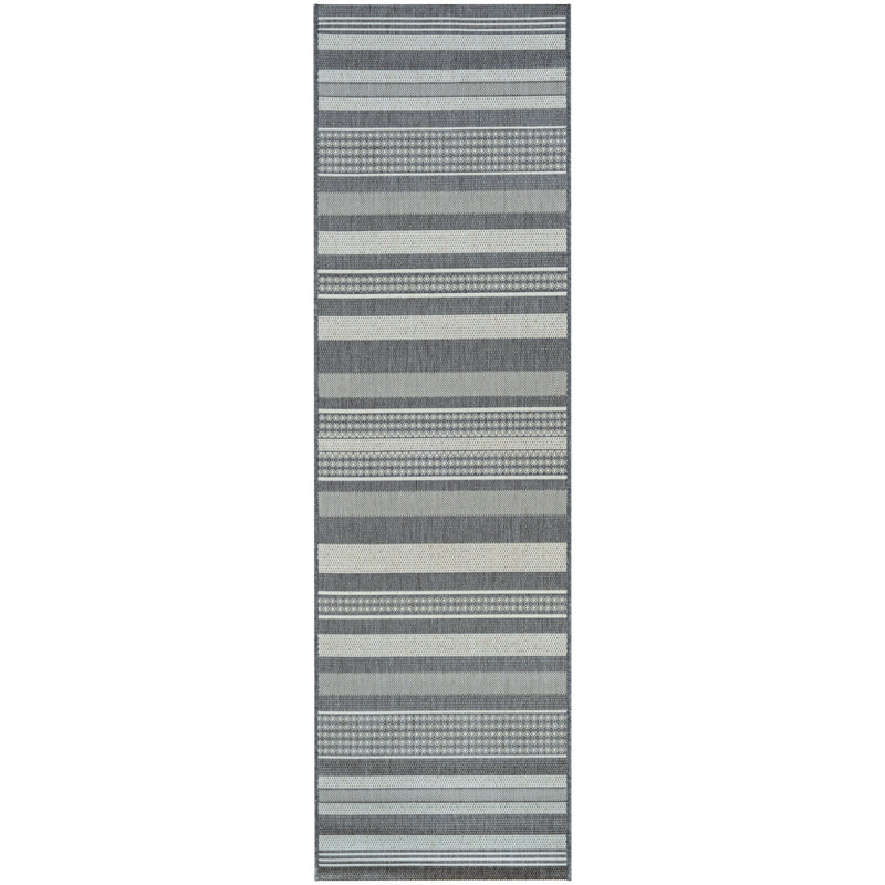 Tapis d'intérieur / extérieur champagne / gris à rayures Sania, Tapis de couloir 2 pi 3 po x 11 pi 9 po