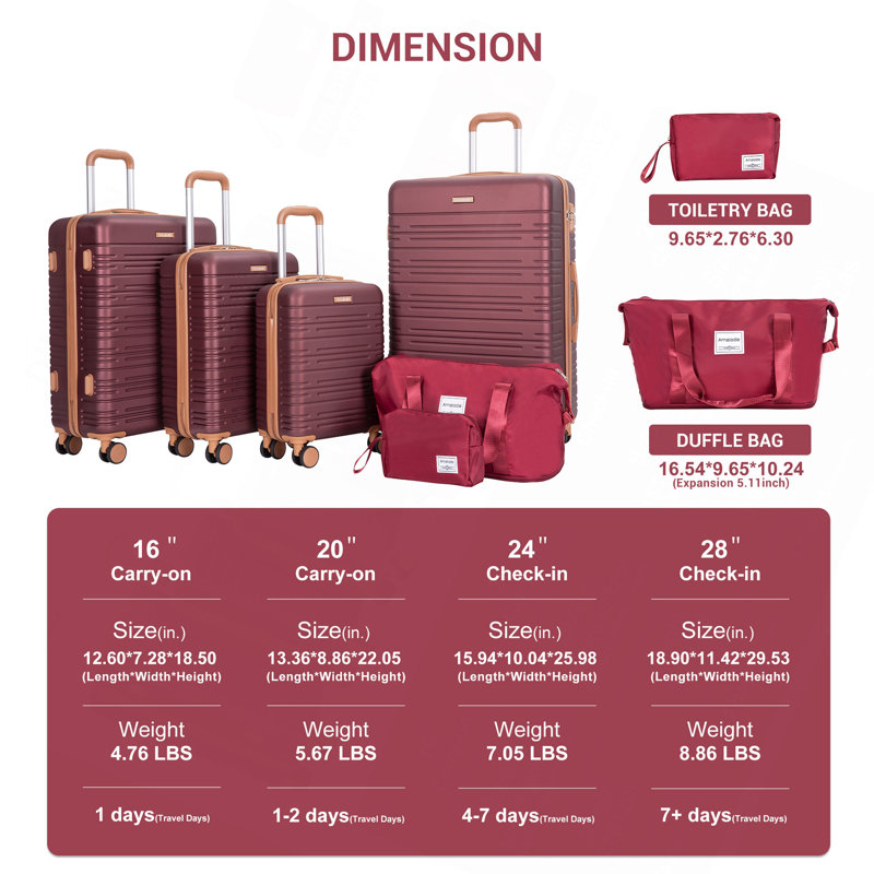 Ensemble de 6 valises, valise rigide de voyage en ABS avec serrure TSA