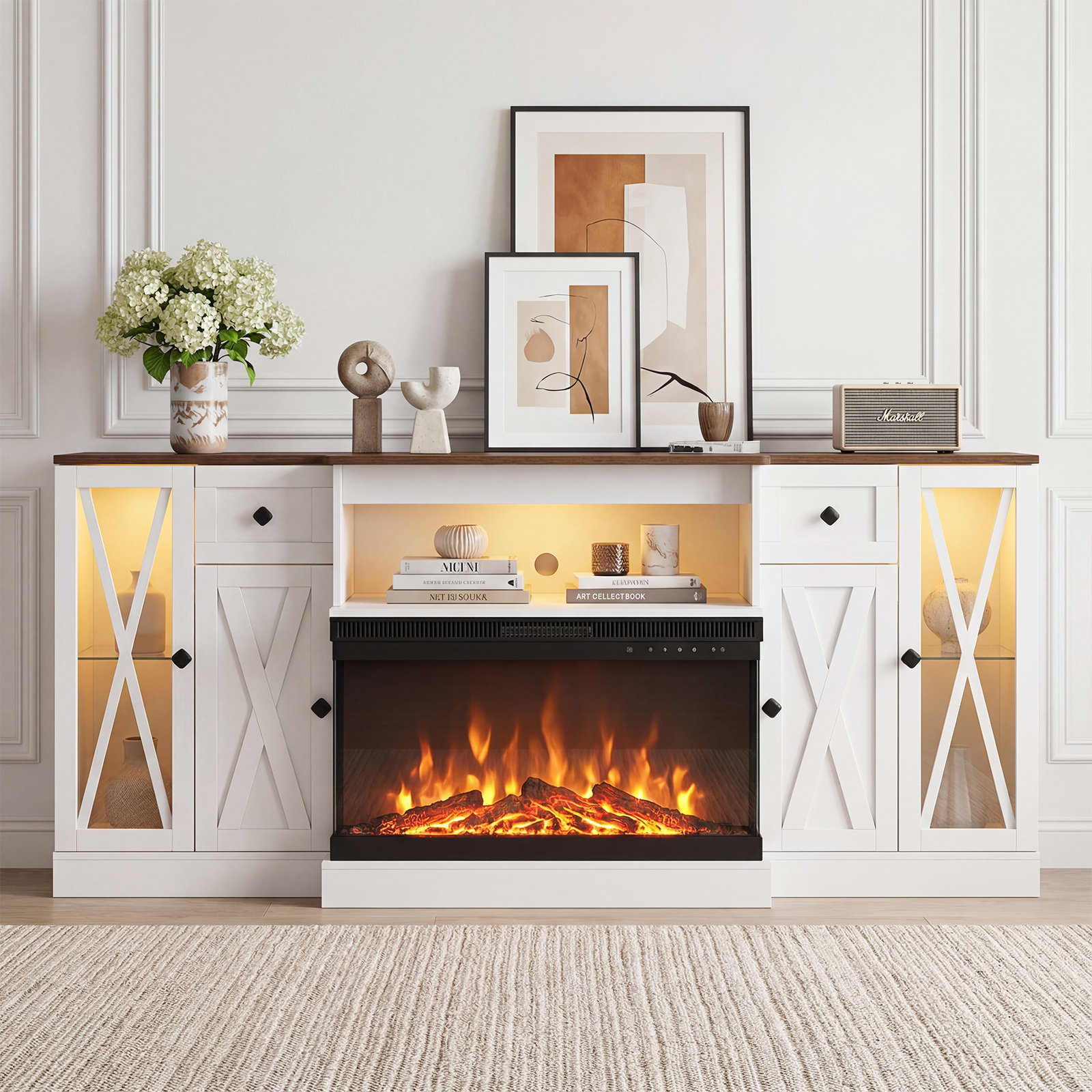 70" Farmhouse Tv Stand With 36" Electric Fireplace, Media Console With Glass Door Storage, White