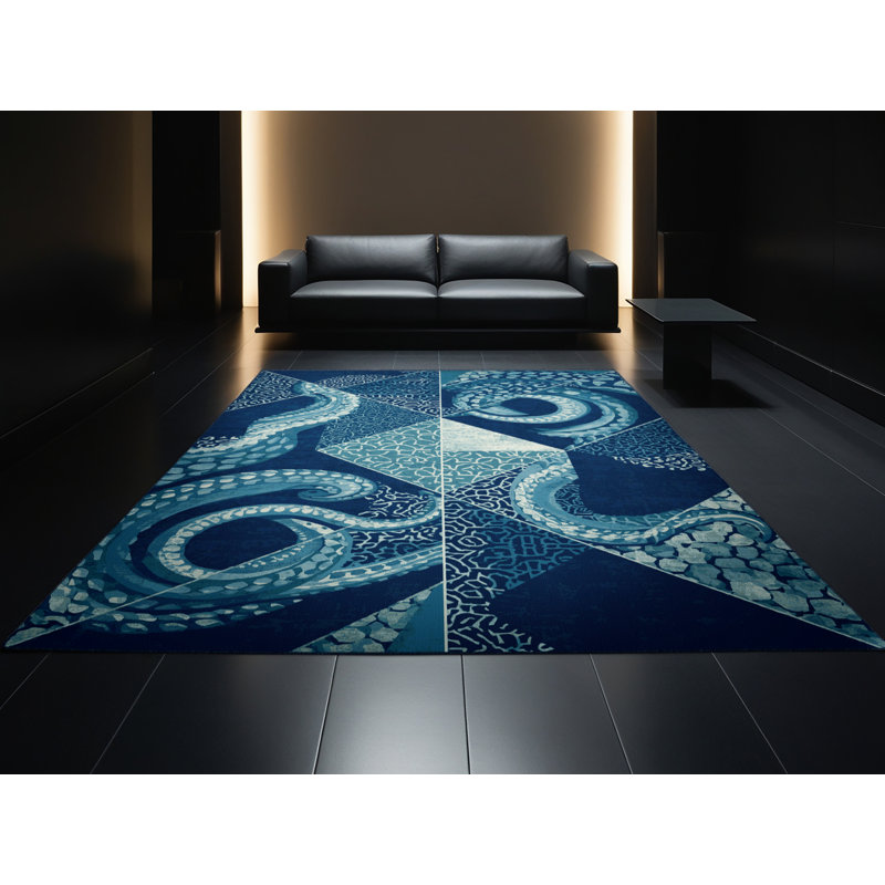 Tapis bleu lavable à la machine Newberry Kraken, 5 x 7