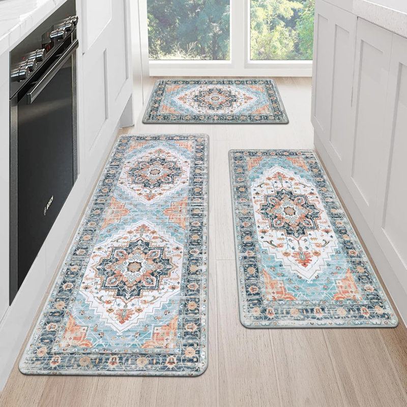 Ensemble de 3 tapis de cuisine coussinés, Bleu