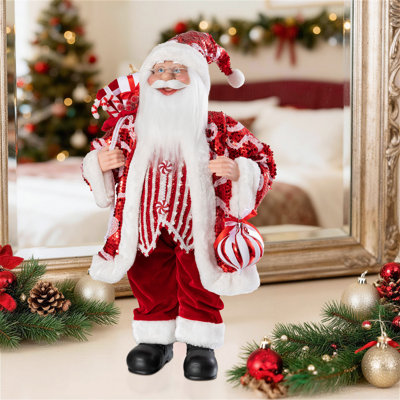 24"H Faux Fur Christmas Peppermint Santa Figurine