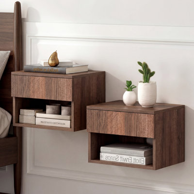 Ettore 15.7" Modern Matte Brown Floating Nightstand, Wall-Mounted Bedside Table with 1-Drawer and Open Cubby Storage Space for Bedroom