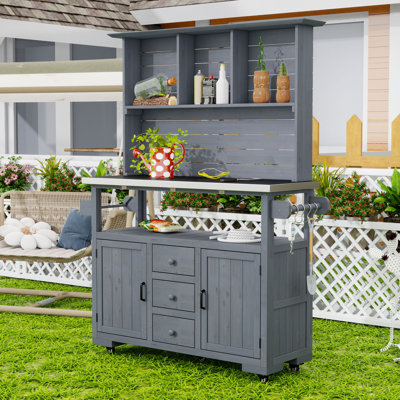 Fir Wood Outdoor Potting Bench with Stainless Steel Countertop, Adjustable Shelves and Lockable Wheels