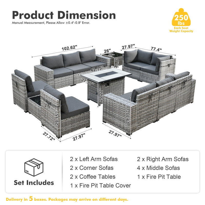 Bobia 13 Piece Outdoor Wicker Patio Conversation Set with Fire Pit table,  Modular Sofa Seating Group with Cushions, Black