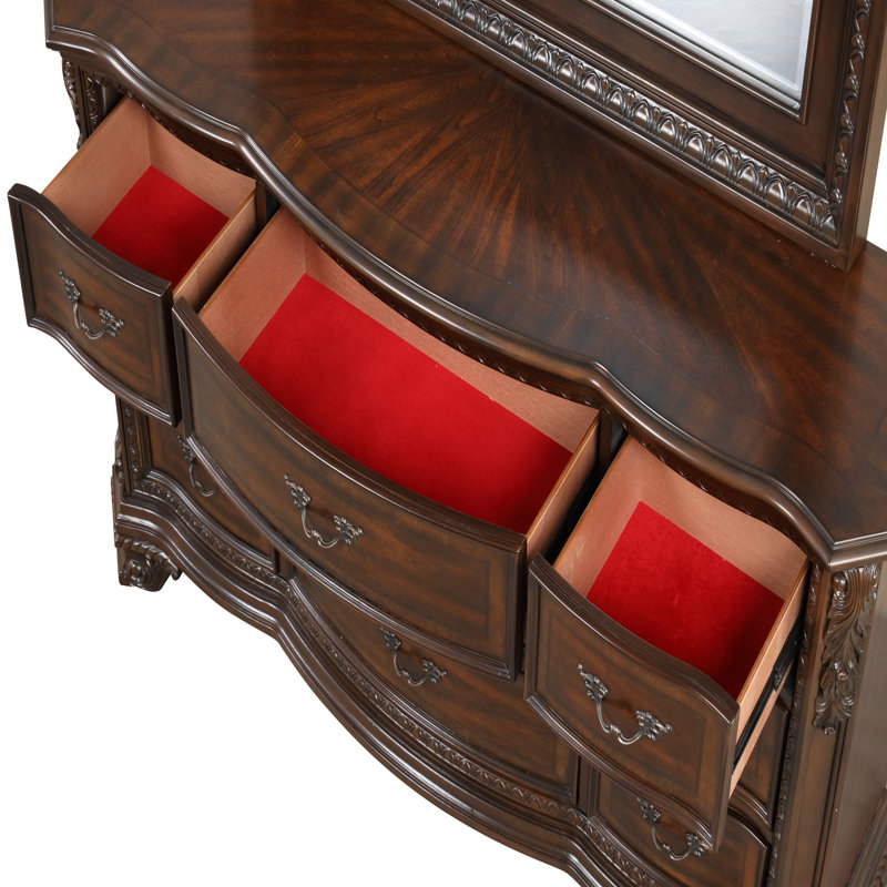 Commode 9 tiroirs de style traditionnel avec poignées en métal en noyer foncé