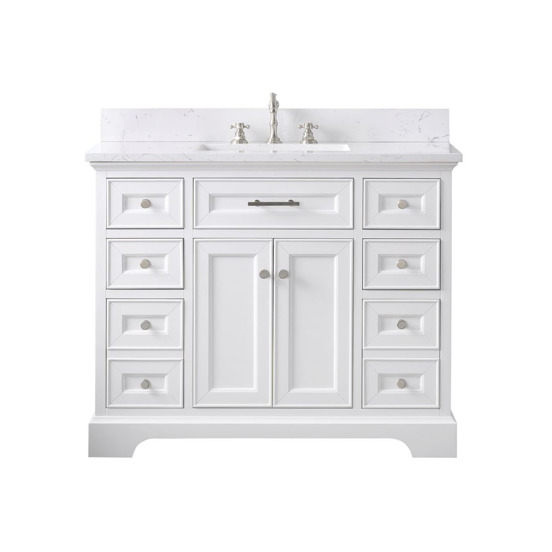 Currahee 42'' Single Bathroom Vanity with Engineered Stone Top Three Posts Base Finish: White, Hardware Finish: Brushed Nickel, image size:1080x1080