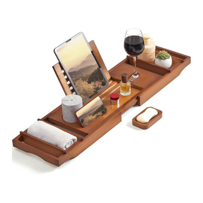 DIDADI Bamboo Bathtub Caddy Tray - Expandable to 41 Inches with Book Stand, Soap Holder & Anti-Slip Pads for Luxury Bath Spa, Brown