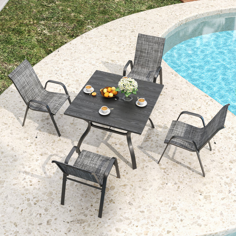 5-Piece Outdoor Patio Dining Set, Vintage Wood Grain Table With Umbrella Hole And 4 Ergonomic Stacking Chairs, 350LB Capacity, Waterproof Textilene Fabric, For Garden Yard Balcony Patio