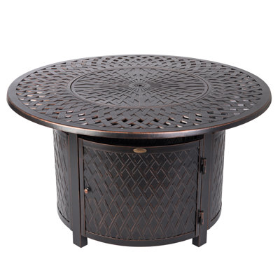 Lit Woven Aluminum Convertible Gas Fire Pit Table 55,000 BTU Multi-Functional Outdoor with Fire Bowl Lid - Bronze Finish - Round - 44"