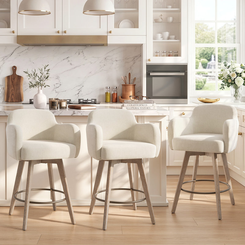Tabourets de bar pivotants en chenille avec accoudoirs, Crème