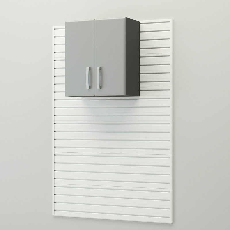 Flow Wall 10 Piece Slatwall Panel, Cabinet, Bin Storage Set, White Slatwall/Silver Cabinets